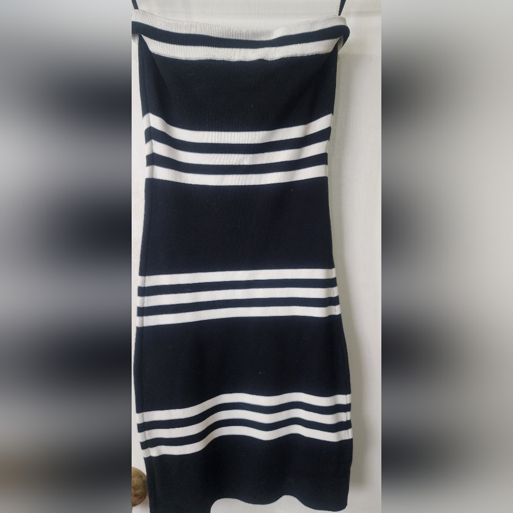 BCBG, black and white striped, sexy mini dress. Sz L